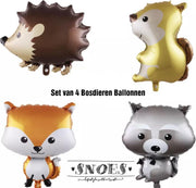 Snoes Jungle Safari Bosdieren verjaardag Set van 4 Bosdieren Helium Ballonnen Vos Wasbeer Egel en Eekhoorn Feestje Verjaardag Ballon Set Ballonnen Kinderverjaardag