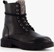 Groot leren meisjes veterboots met stippen - Zwart - Maat 34
