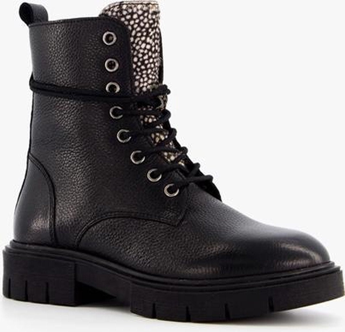 Groot leren meisjes veterboots met stippen - Zwart - Maat 32