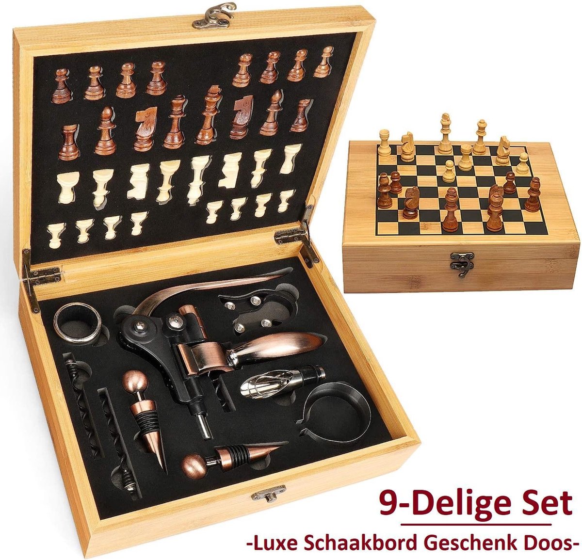 Kurkentrekker - Wijnopener - Flessenopener - Wijnaccessoires Set 9 in 1 - Wijntopper - Wijnpomp - Schaakbord - Schaken - Cadeautip