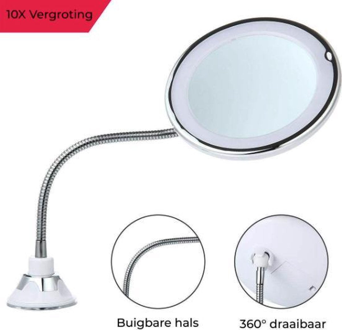 Make-up Spiegel - Met Verlichting - 10x Vergroting - LED - 360° Draaibaar - Mis Geen Haar - Met Zuignap - Make-up Licht - Klein - Wit