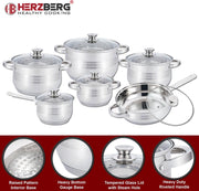 Herzberg - Set Lot 12-delige Pannenset inductie - Pannensets RVS - Glazen deksel  - PFAS-vrij