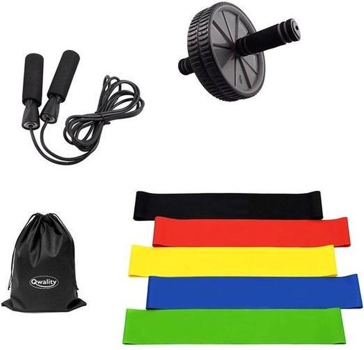 Weerstandsbanden – Ab Wheel Roller – Agility Ladder – Springtouw - Sport Elastiek Banden - Thuis Train Set - Fitness - Inclusief Oefeningen - Qwality