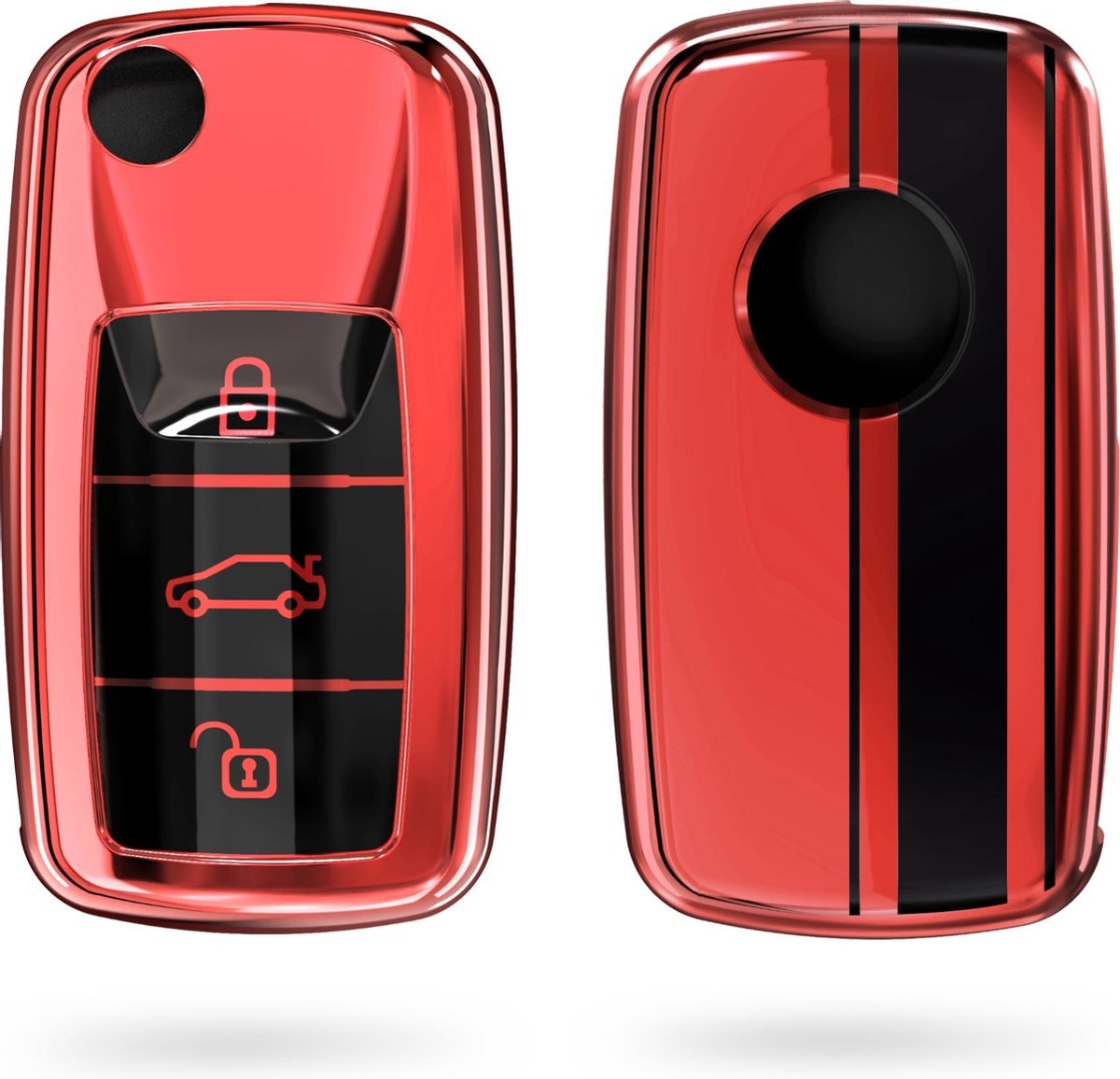 kwmobile autosleutelhoes voor VW Skoda Seat 3-knops autosleutel - TPU beschermhoes - sleutelcover - Rallystrepen design - zwart / hoogglans rood