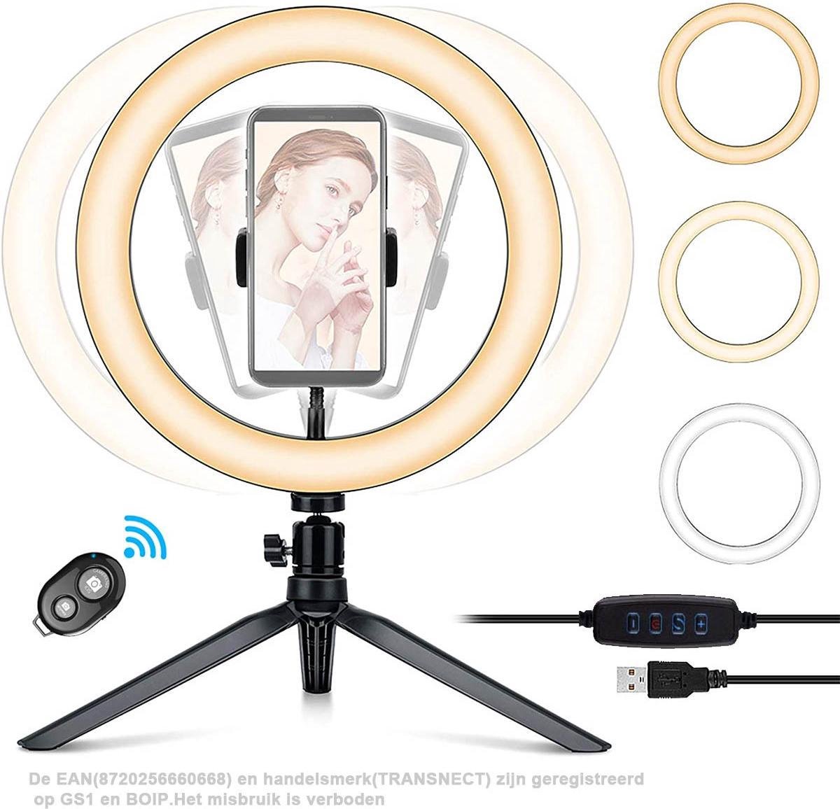 Ringlamp met Statief - 20 cm / 8 inch - 3 kleurmodi en 10 helderheid - USB-voeding - Dimbaar licht - voor make-up