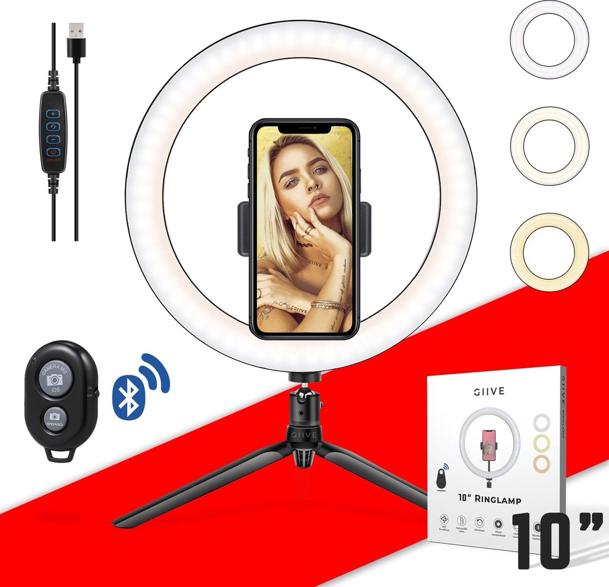 GIIVE – 10 Inch LED Ringlamp set PRO – Make-up Lamp – Fotostudio - Met Statief en Telefoonhouder - voor Camera en Smartphone