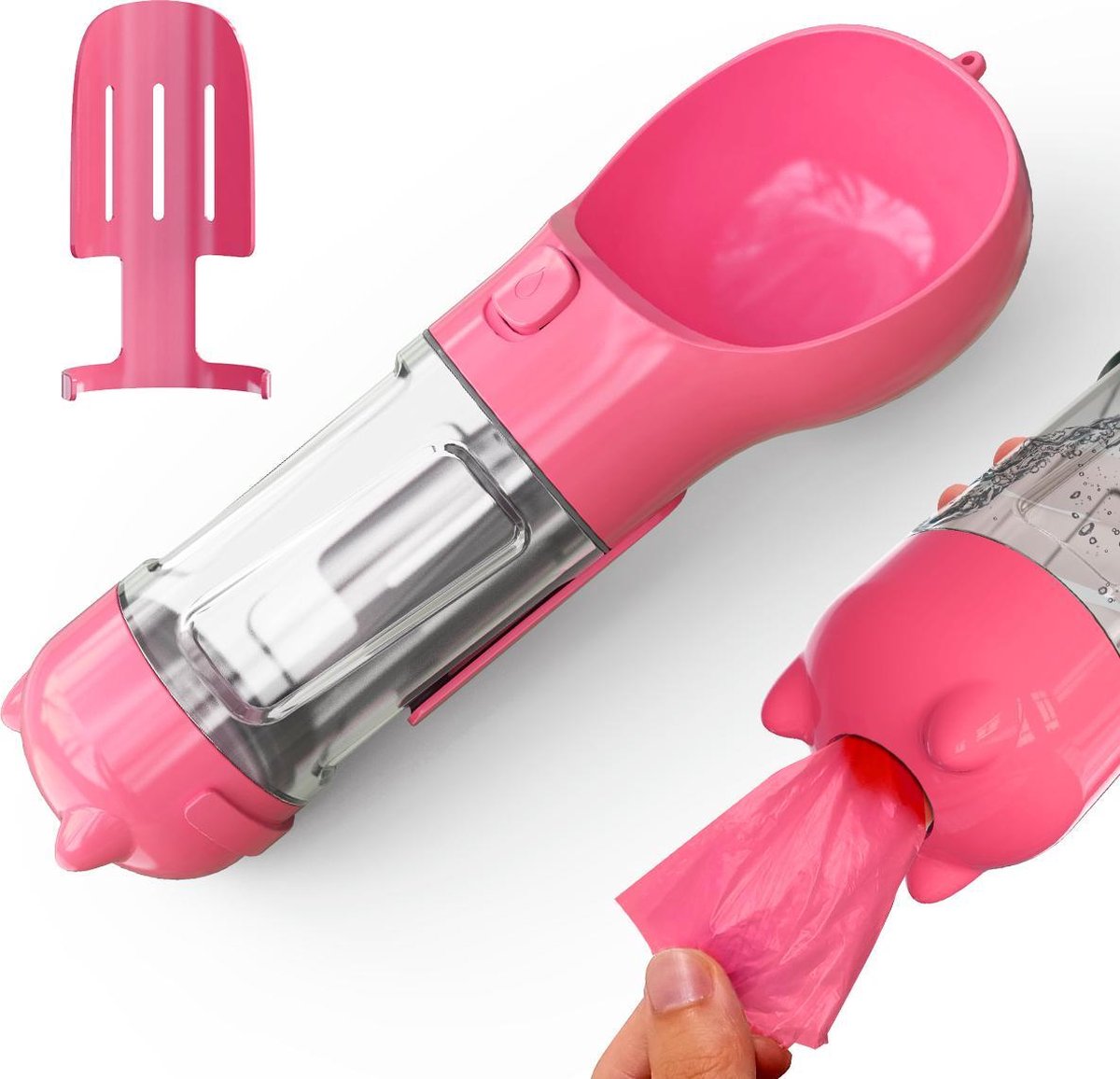DMV Draagbare Hondenfles Pet Feeder 300ML - 3 in 1 Honden Eten Drinkfles - Drinkfles Hond - Incl. Poepzakjes - Lek Vrij - Voor Onderweg - Roze