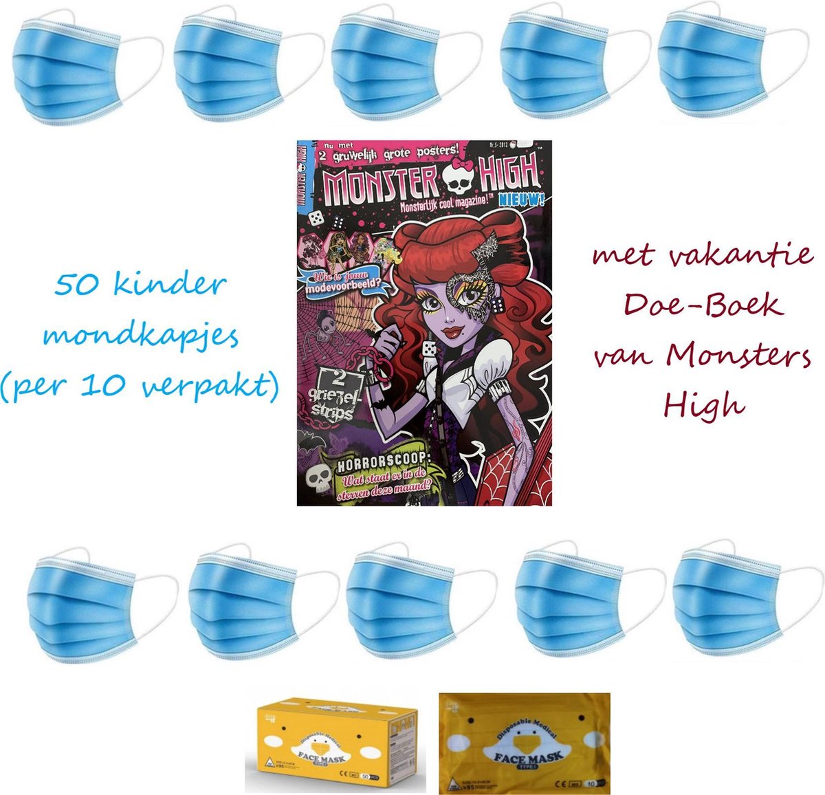 Kinder Wegwerp Mondkapjes | Met Monsters High Vakantie Doe-Boek | Blauw | 50 Stuks | Per 10 verpakt | 14.5 x 9 CM | CE Goedgekeurd