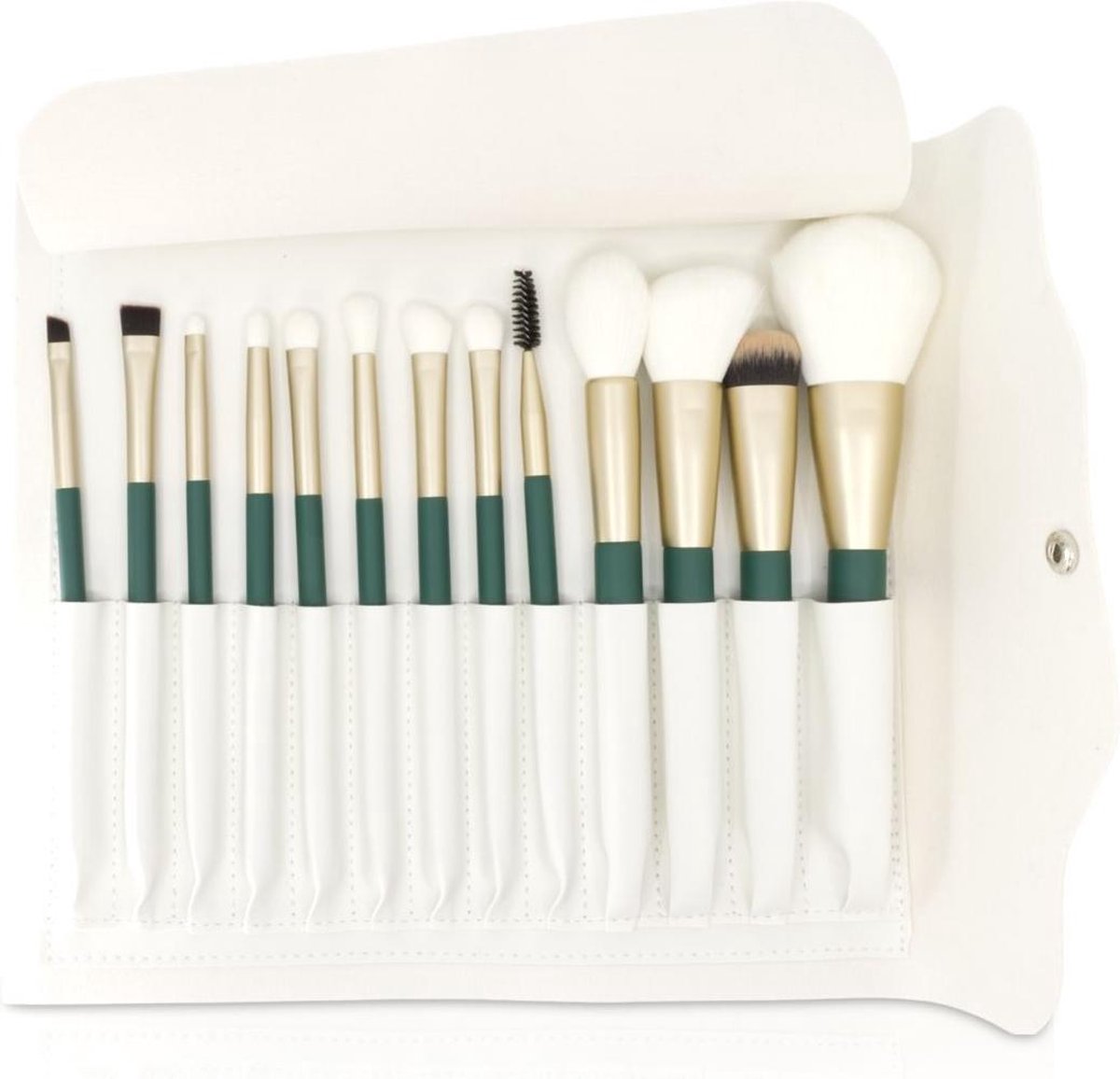 CAIRSKIN Gilt Green Brush Set - 13 Professional Face & Eyes Brushes + Beauty Roll - Professionele Visagie Kwasten - Vegan Makeup Set