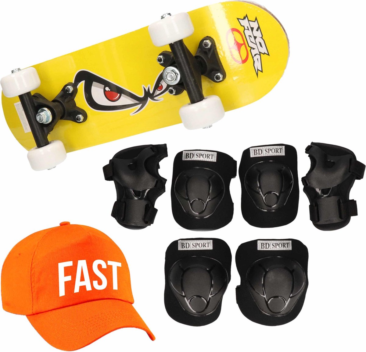 Skateboard set voor kinderen maat M - 6-8 jaar/valbescherming/fast pet/skateboard met print 43 cm geel/oranje