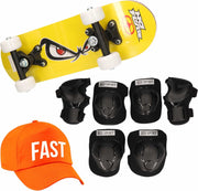 Skateboard set voor kinderen maat M - 6-8 jaar/valbescherming/fast pet/skateboard met print 43 cm geel/oranje