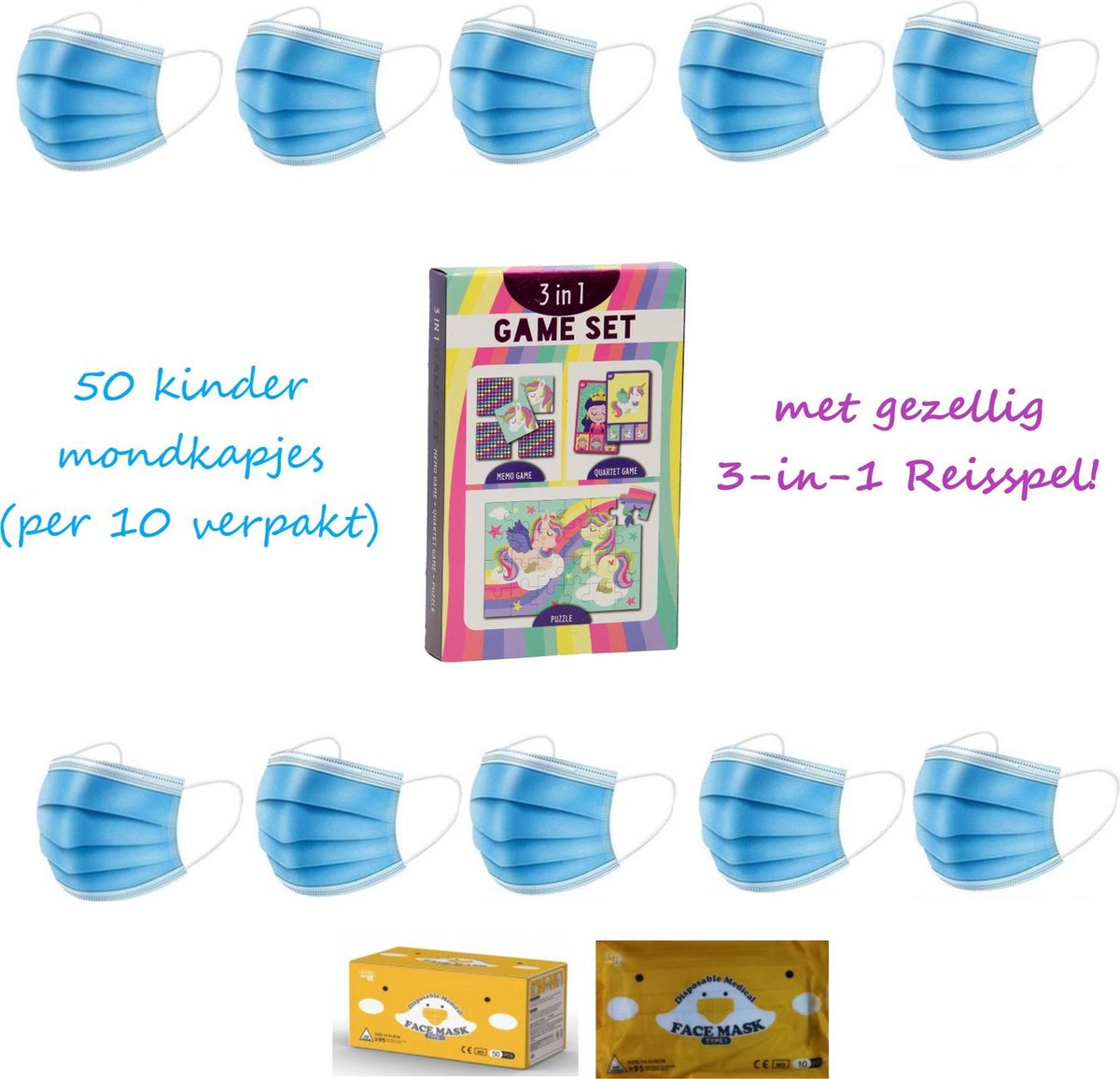 Kinder Wegwerp Mondkapjes | Blauw | 50 Stuks | Per 10 verpakt  | Met Gezellig 3-in-1 Vakantie Reisspel | 14.5 x 9 CM | CE Goedgekeurd