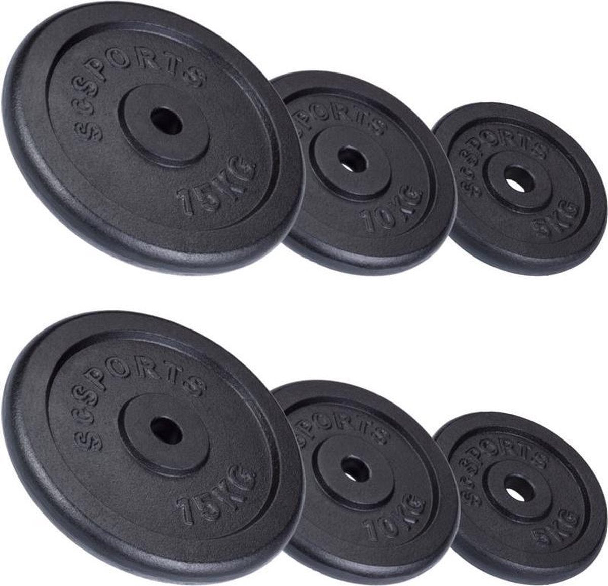 ScSPORTS® Halterschijven set 60 kg - Gietijzer - 30 mm - 2x5 - 2x10 - 2x15 kg - Gewichten