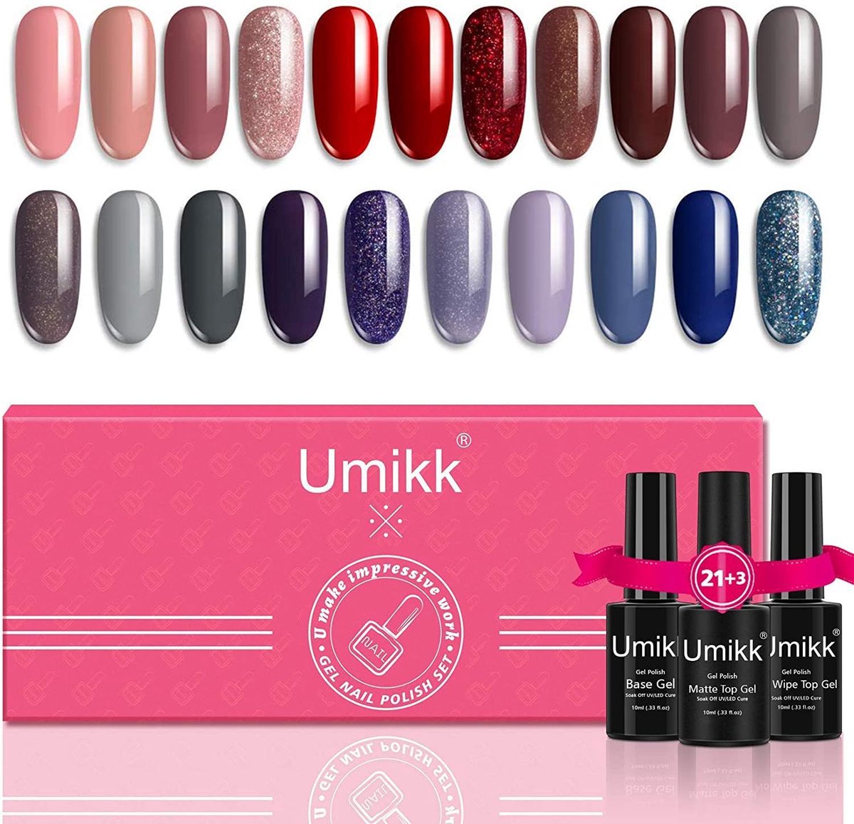 24-delige Gel Nagellak Set 21 Kleuren 5 ml met Basis Geen Veeg Top Matte Top Coat 10 ml Losweken UV LED Cure Naakt Rood Grijs Paars Shimmer Glitter voor Manicure
