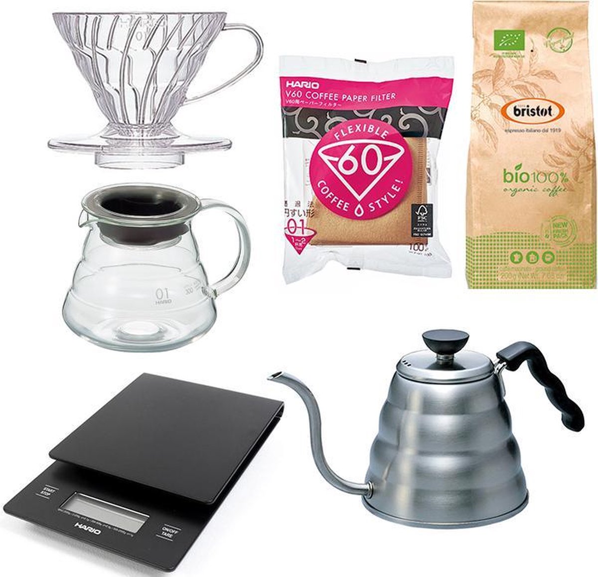 Hario V60 Range Server Slow Coffee starter set 1-2 kops + Bristot BIO 100% biologische koffie
