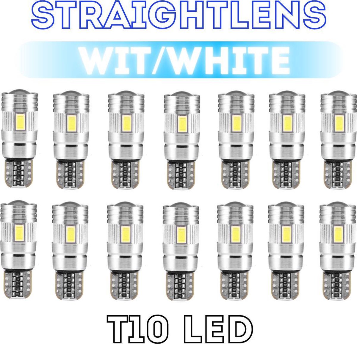14x T10 Led Canbus HQ Super White Straightlens standlicht - interieurverlichting - nummerplaatverlichting
