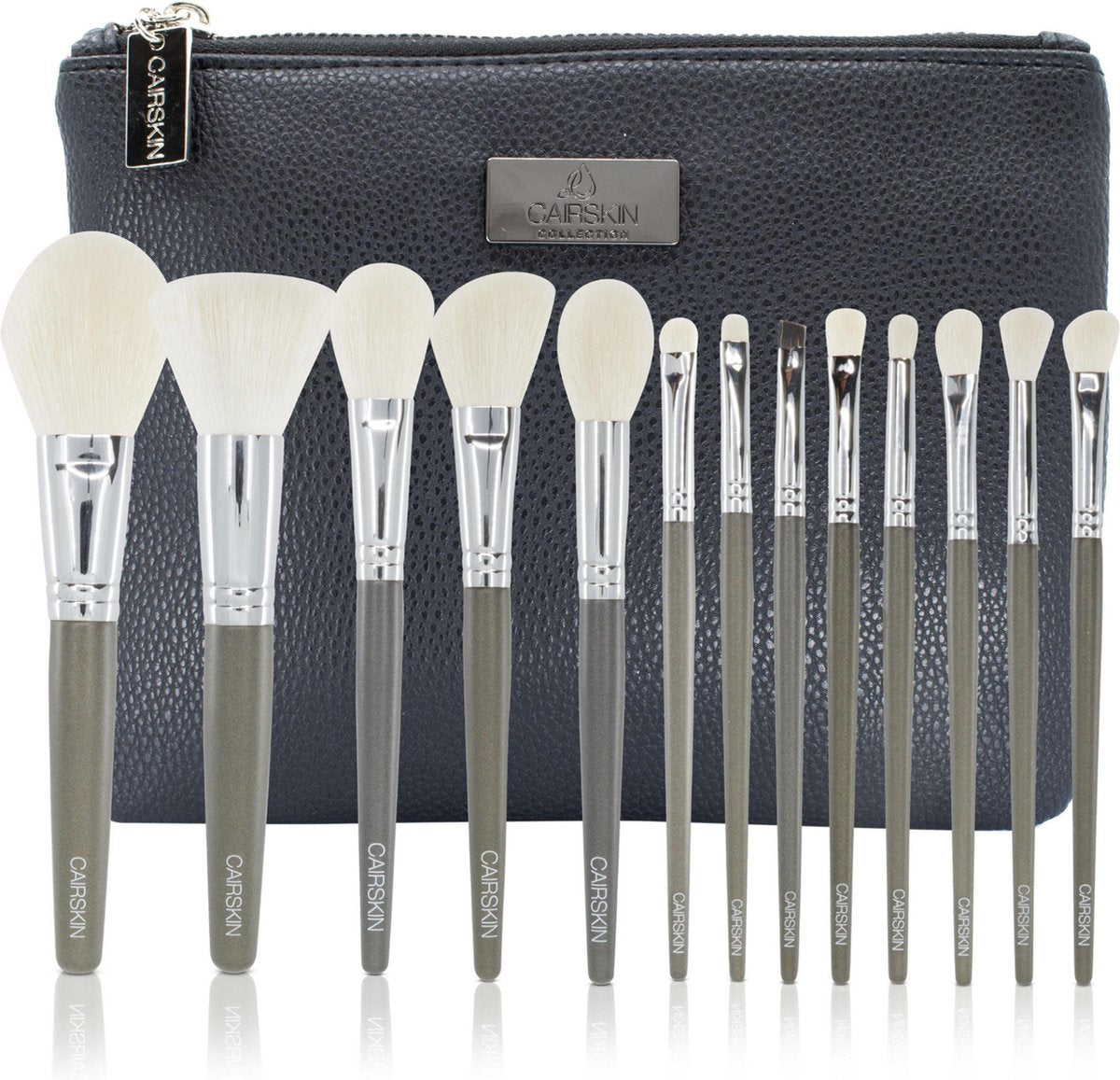CAIRSKIN Sage Green Full Set 13 Professional Face & Eyes + Beauty Bag - Natural Hair - Professionele Visagie Penselen - Premium Quality Brushes