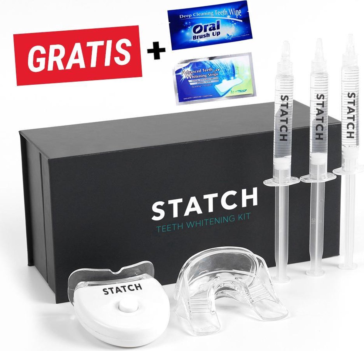 Tandenbleekset - inclusief Teeth Whitening Strips + Wipes + 3 Gelspuiten - Zonder Peroxide 100% Natuurlijk - Dierproefvrij - Wittere Tanden - 3D LED - Teeth Whitening - Premium Edition Statch