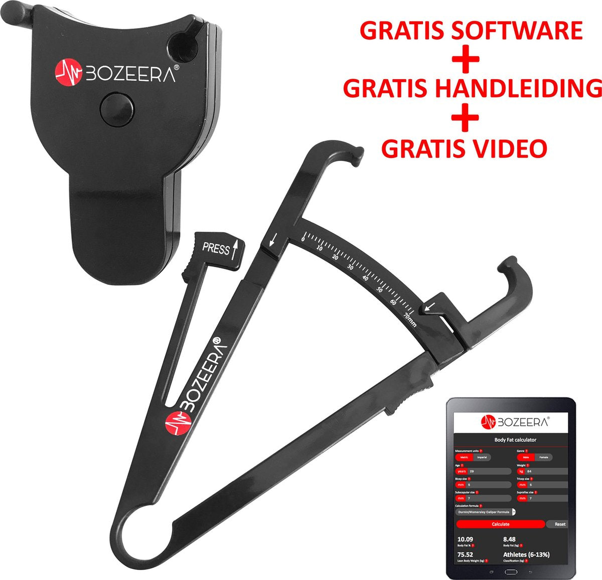 Huidplooimeter en Body Mass Tape / Vetmeter en Meetlint Lichaam / Inclusief GRATIS Software