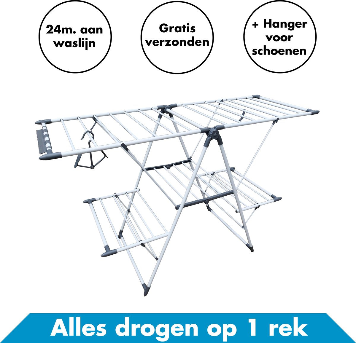 Luxe Droogrek Inklapbaar Met 24 Meter Drooglengte – Wit / Grijs – Wasrek – Drogen – Drying Rack – Drooglijn – Waslijn – Was – Kleding Buiten – Wasgoed – Huishouden - Hangend Rek – Uitklapbaar – Laundry – Droogrekken – Staand – Droogtoren – Wassen