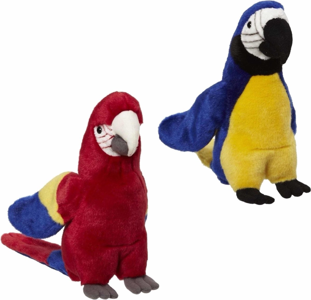 2x Pluche papegaaien knuffels rood en blauw 21 cm - Tropische vogels