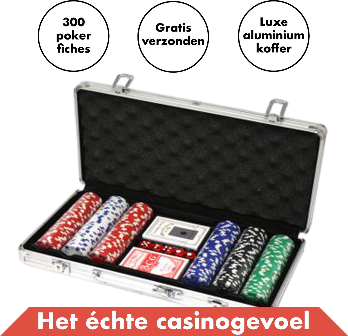 Pokerset 300 Pokerfiches Deluxe - Luxe Aluminium Koffer – 5 Dobbelstenen – 1 Pokerbutton - Pokerkoffer (300 Poker chips) - Blackjack Speelkaarten Volwassenen – Toernooi Pokerkaarten – Casinoset Kopen – Poker Cards Strip pokeren - Texas Hold’Em