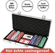 Pokerset 300 Pokerfiches Deluxe - Luxe Aluminium Koffer – 5 Dobbelstenen – 1 Pokerbutton - Pokerkoffer (300 Poker chips) - Blackjack Speelkaarten Volwassenen – Toernooi Pokerkaarten – Casinoset Kopen – Poker Cards Strip pokeren - Texas Hold’Em