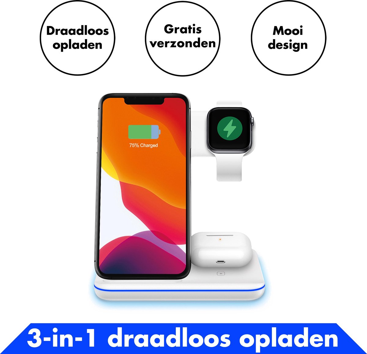 3 in 1 Oplaadstation Wit - Docking Station Draadloze Oplader - Wireless Charger Voor iOS en Android Apparaten – Geschikt voor Apple Watch 