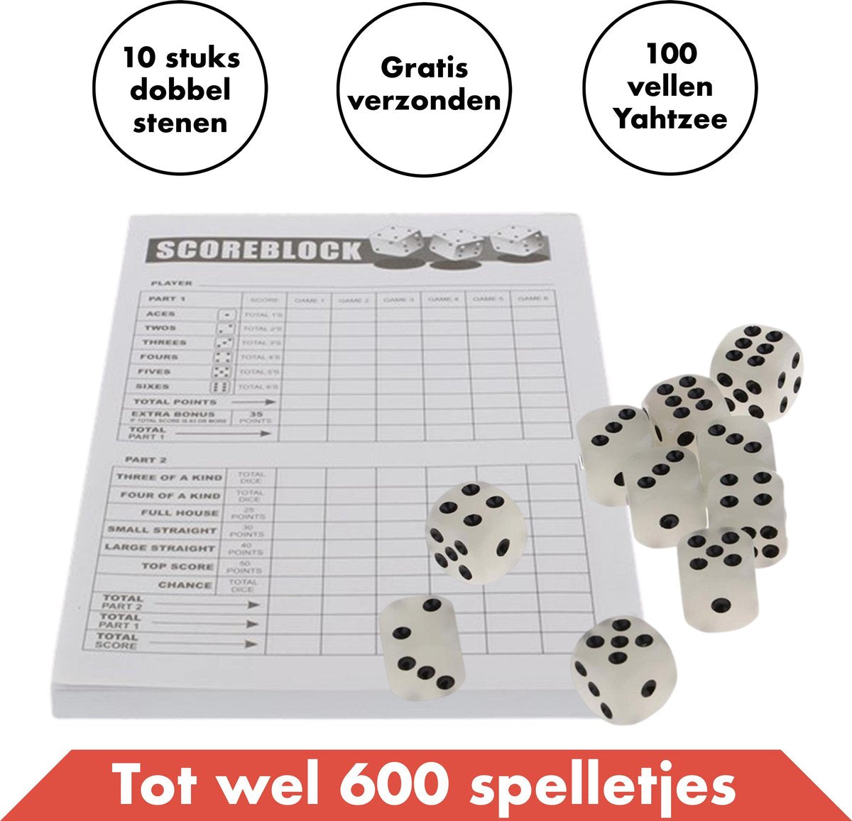 Yahtzee set met Dobbelstenen en Scoreblok – Gezelschapsspel voor volwassenen en kinderen – Speel tot 600 dobbelspellen
