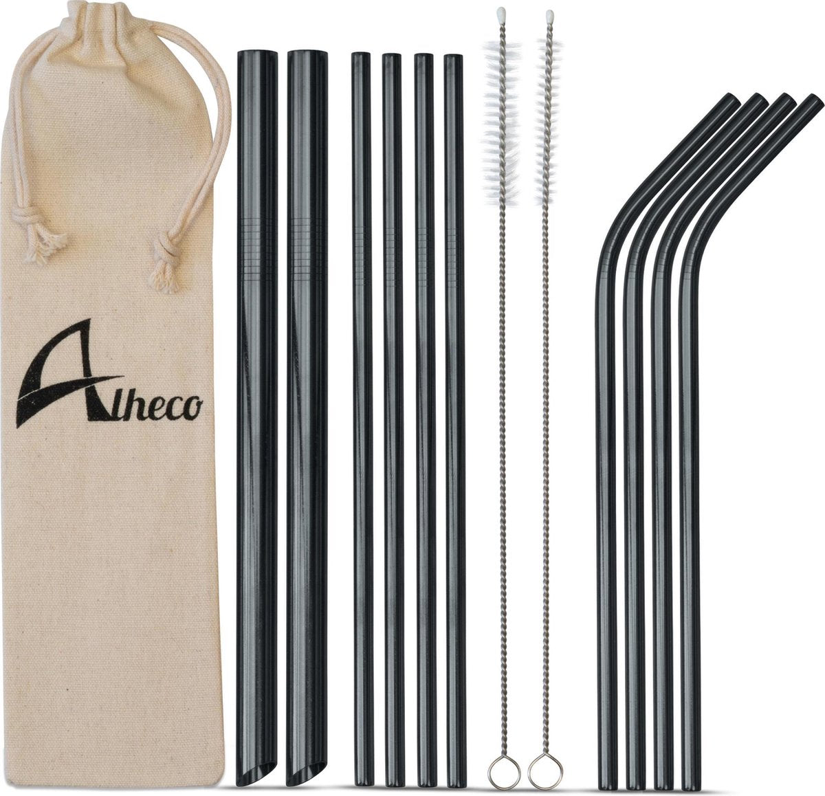 Herbruikbare metalen rietjes – 13-delige set – RVS smoothie & cocktail rietjes - Zwart