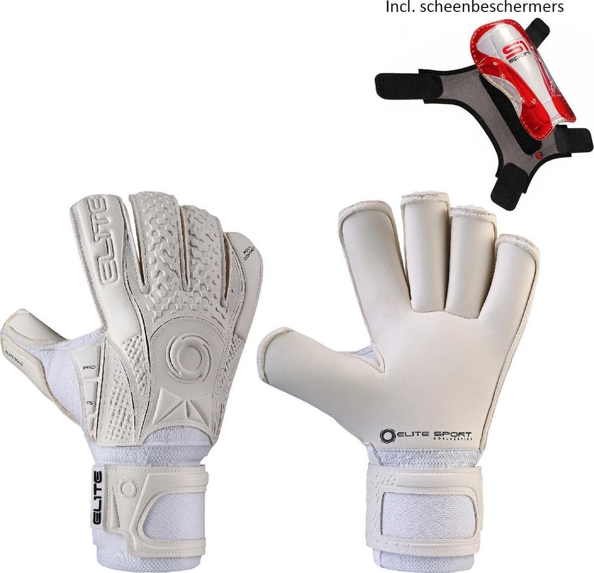 Elite - White Solo 2020 - Keepershandschoenen - met scheenbeschermers & Elite Andalucia sleutelhanger - maat 7 - voetbal keepershandschoenen - keepershandschoen - Goalkeeper handschoen