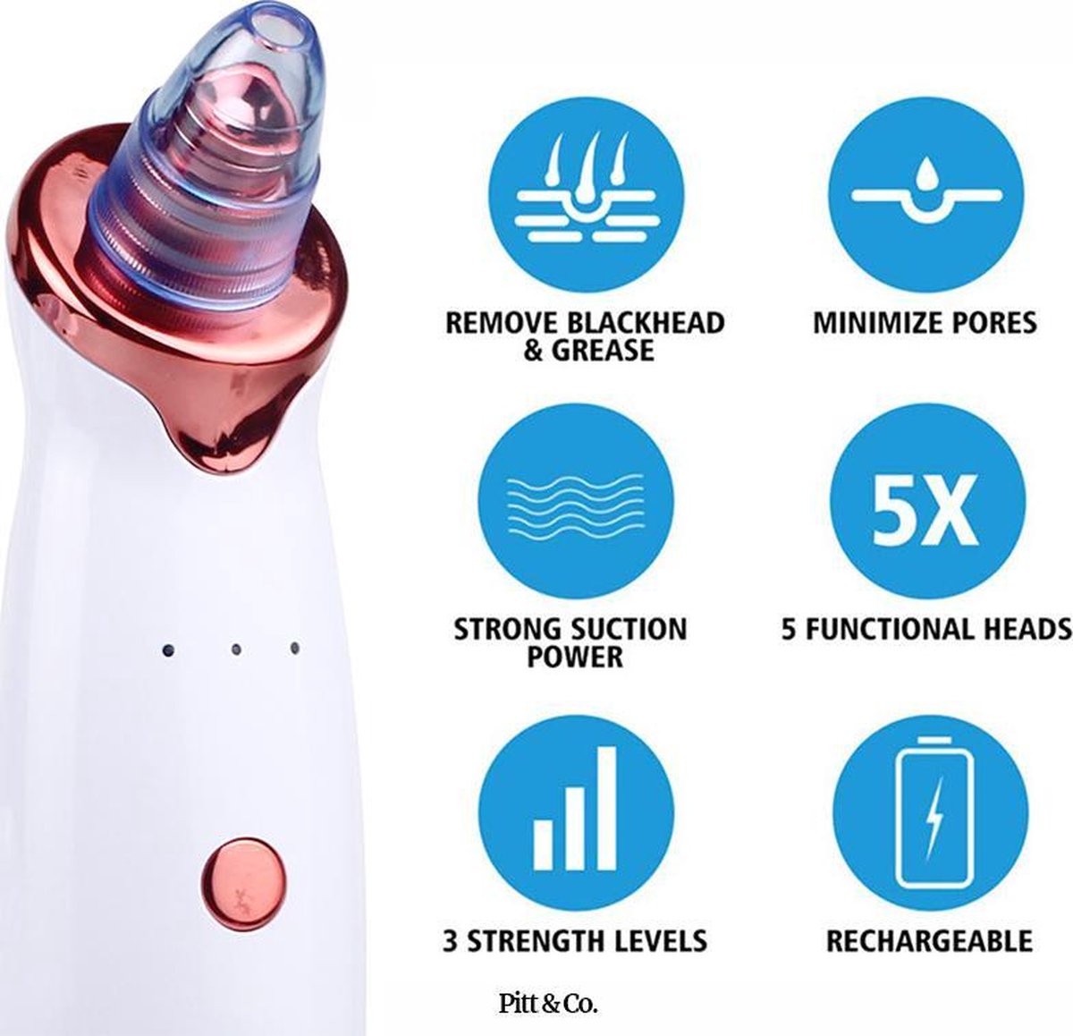 Blackhead remover - Premium - Puisten Verzorging - mee eters verwijderen - Pore Cleaner – Gezichtsverzorging - Poriënreiniger - Inclusief 5 Opzetstukken – Puistjes verwijderen –3 snelheden - Oplaadbaar