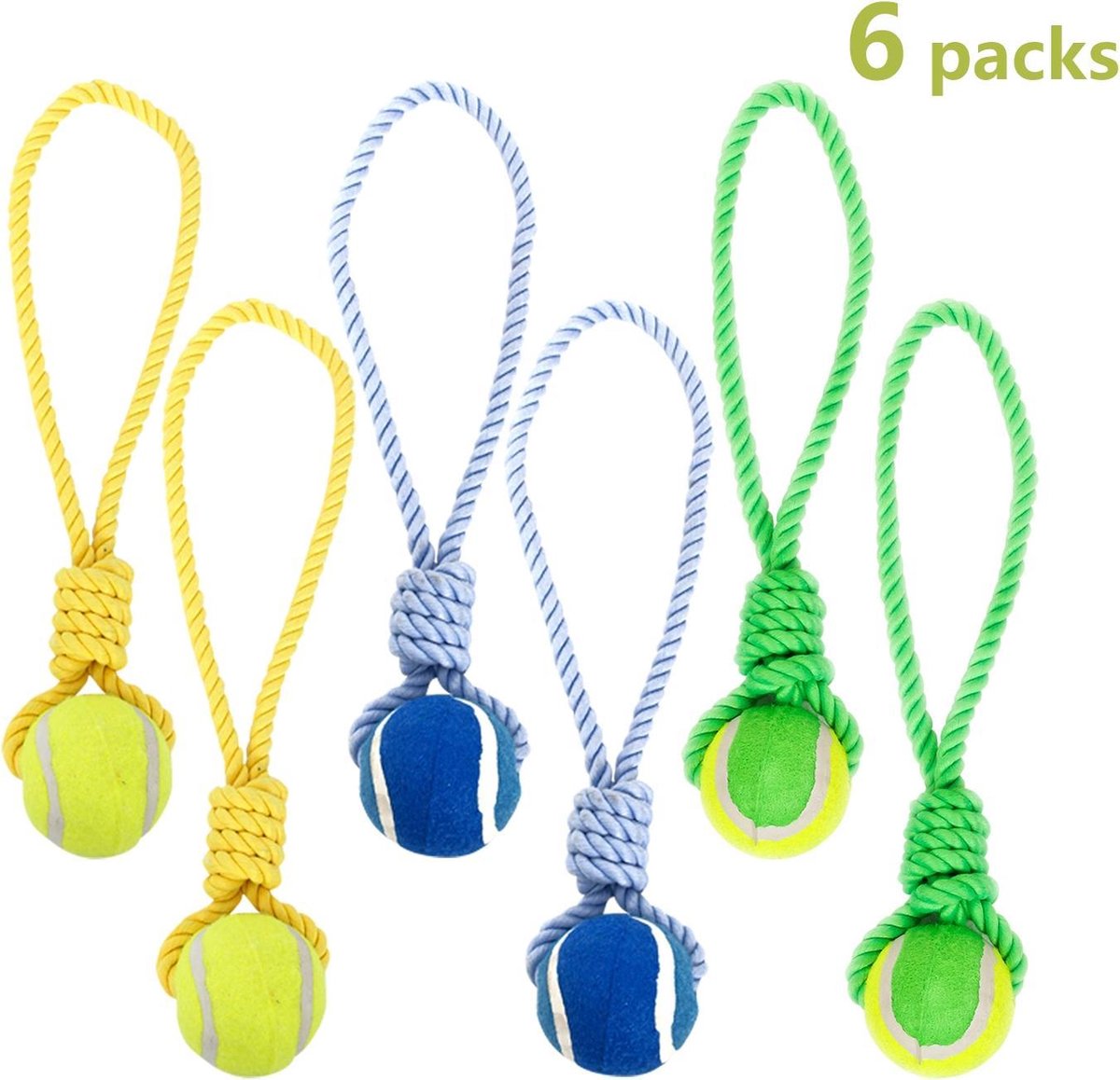 Nobleza 46CSY - Hondenspeelgoed - Tennisbal - Touw - 6 stuks - 15cm