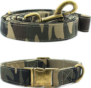 Studio Proud - Complete set - Halsband en uitlaatriem - Camouflage - bronskleurige accenten - maat L - te combineren met bijpassende poepzakjeshouder en strikje