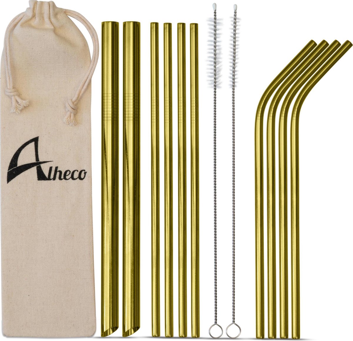 Herbruikbare metalen rietjes – 13-delige set – RVS smoothie & cocktail rietjes - Goud
