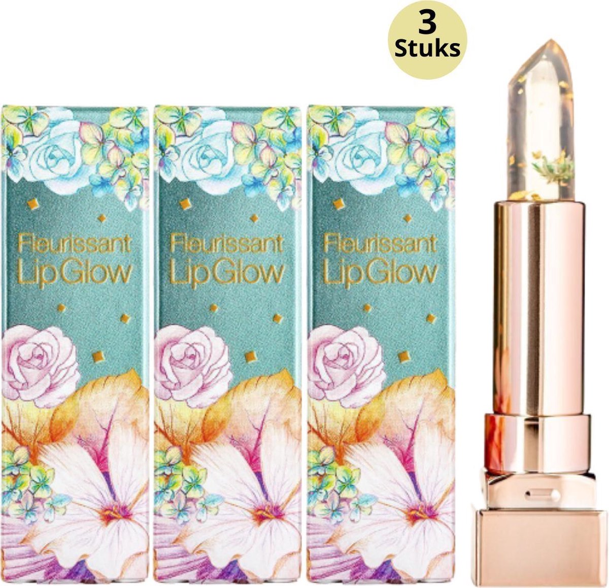 Glamfox Emerald Flower Lipstick - Lip Plumper Lippenstift Met 24 Karaat Goudschilfers En Smaragdgroene Bloem - 3-Pack
