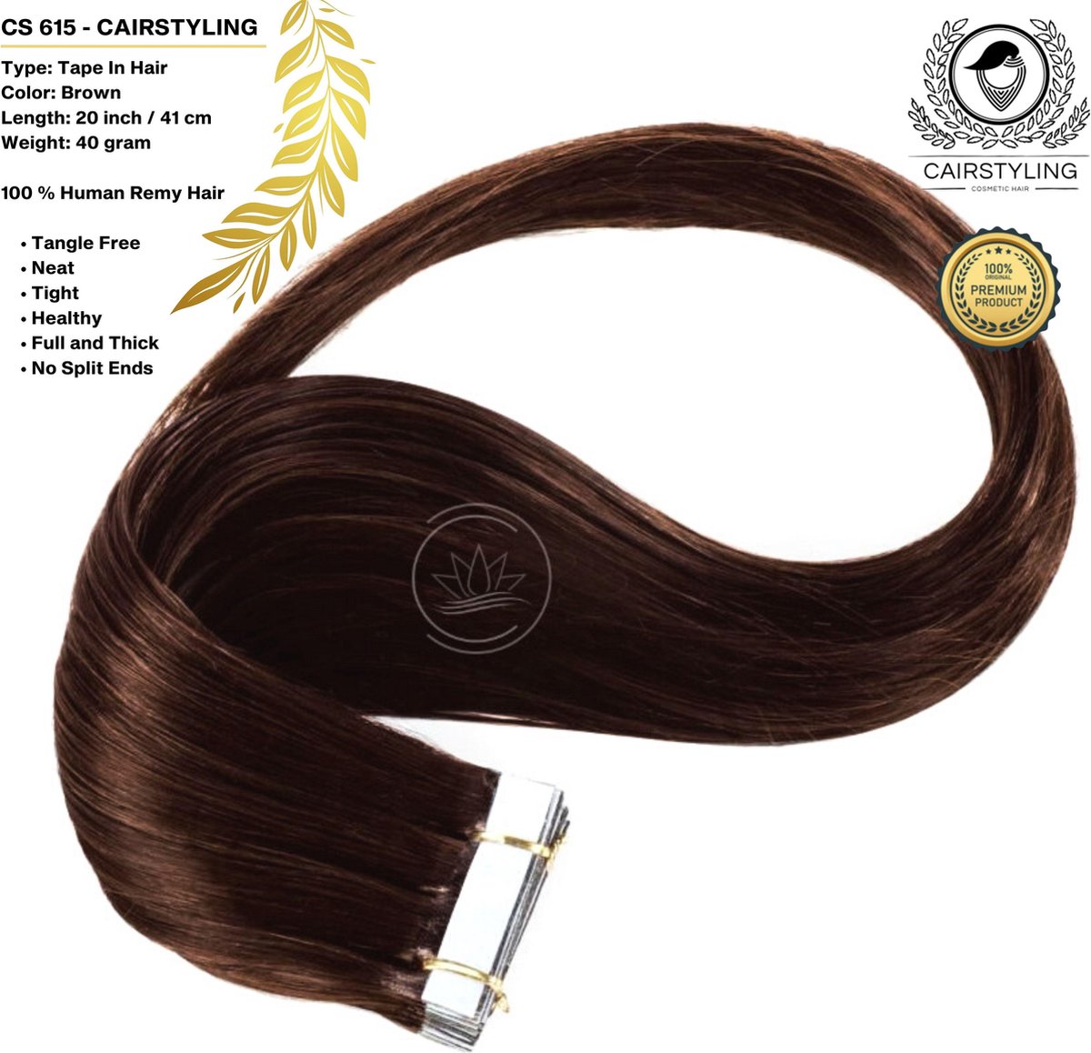 CAIRSTYLING Premium 100% Human Hair |Brown Tape-In Hair CS615| 20 pcs 40 Gram | 51 CM (20 inch) | Haarverlenging Tape In Extensies | Best Quality Hair Long-term | 20 stroken Brown Remy Hair| Natuurlijke Haarverlenging | Inclusief Velvet Bag