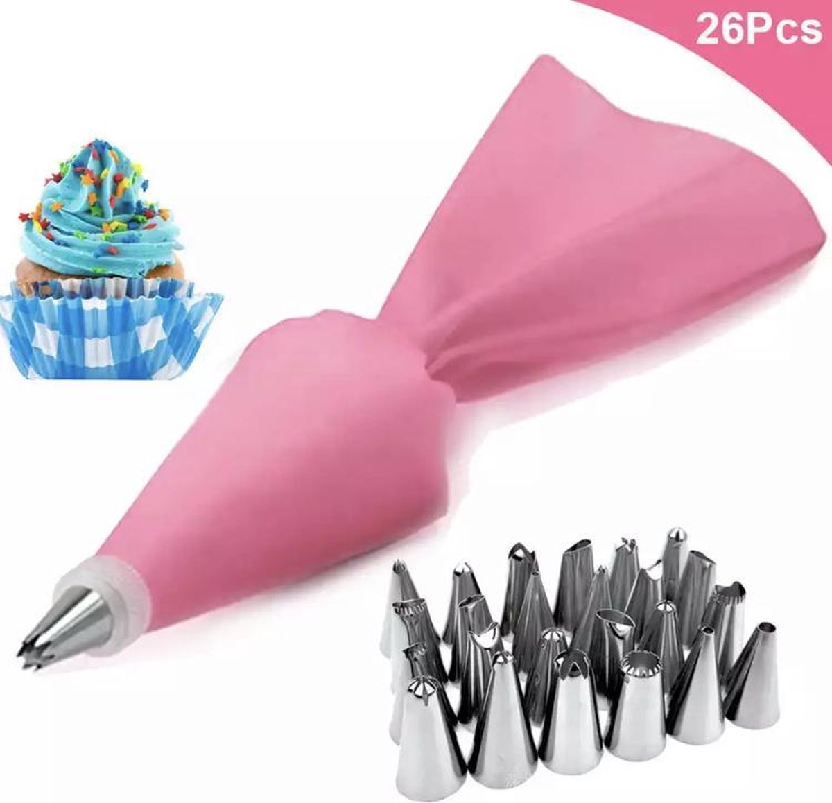 Slagroomspuit met 26 Spuitmondjes - Herbruikbaar - Garneerspuit - Decoratie - Taart - Gebak - Cupcake - Cake - RVS - Slagroom Spuitzak - Roze