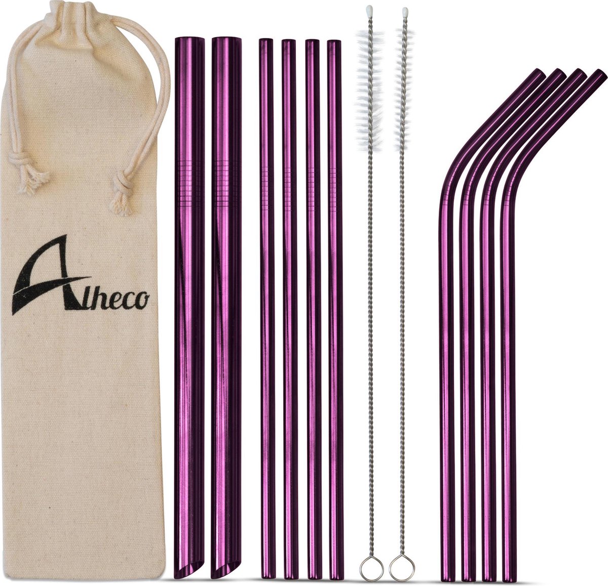 Herbruikbare metalen rietjes – 13-delige set – RVS smoothie & cocktail rietjes - Paars