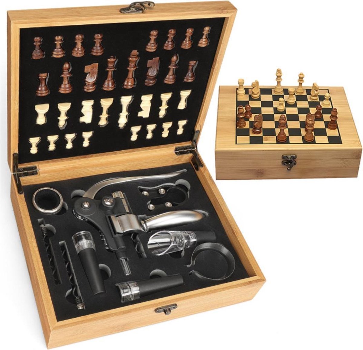 Luxe Wijn Opener Accesoires Set - Schaakbord - Wijn Cadeau Set - Kurkentrekker - Flesopener