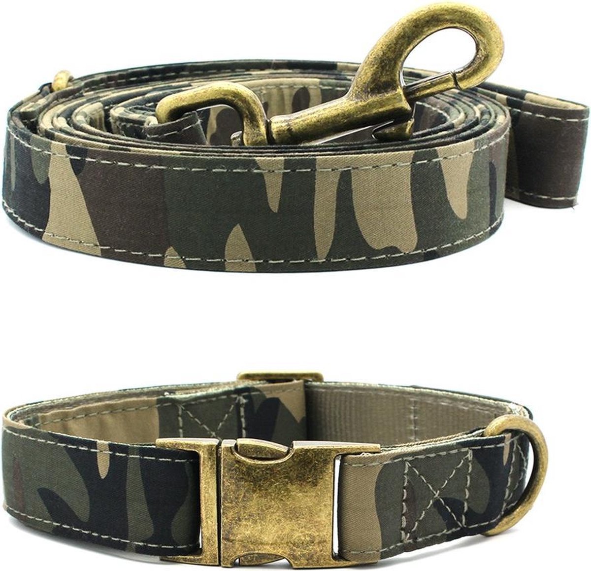Studio Proud - Complete set - Halsband en hondenriem - Camouflage - bronskleurige accenten - maat XS - te combineren met bijpassende poepzakjeshouder en strikje