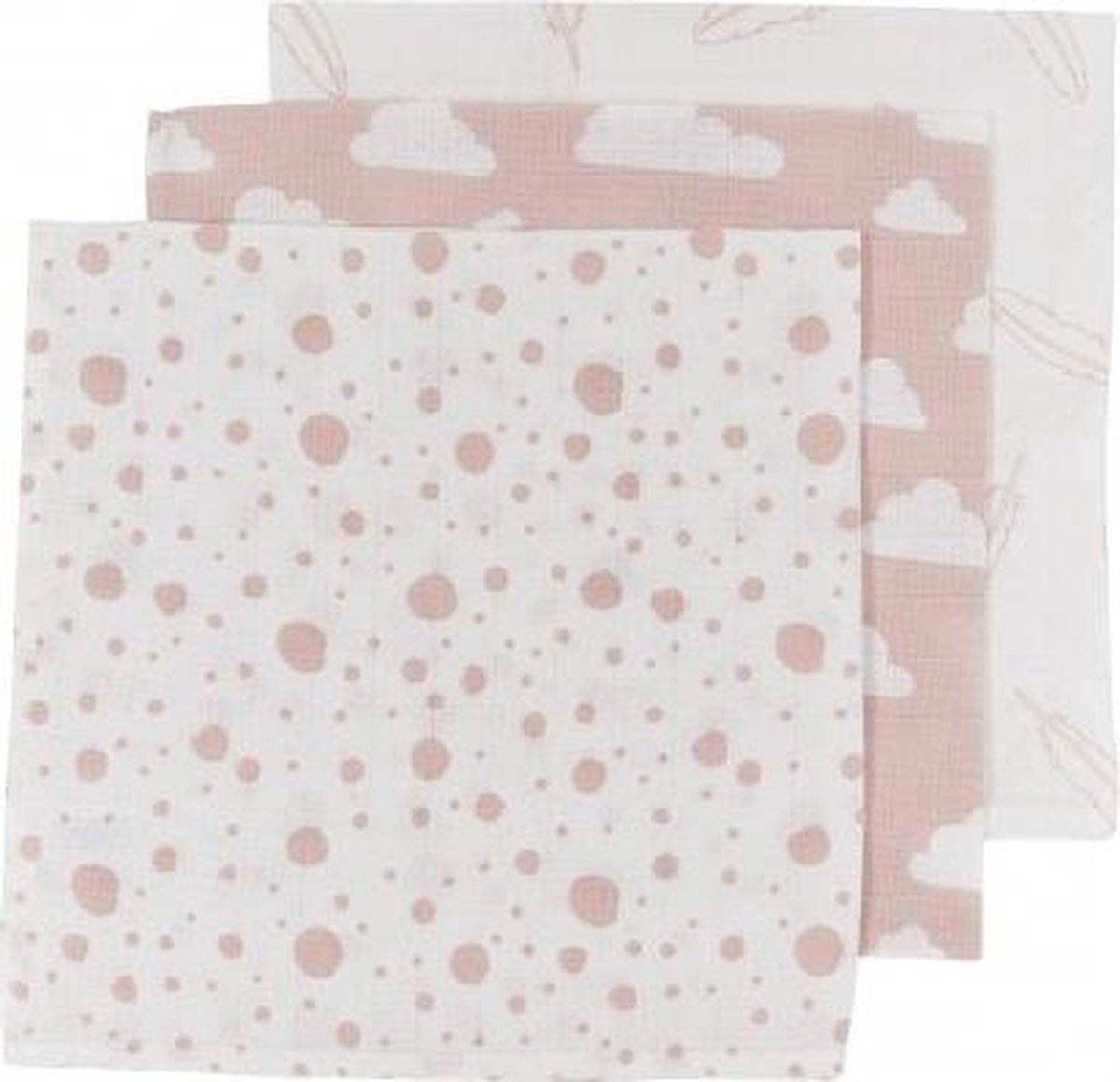 Meyco 3-pack Hydrofiele luiers - Feather-Clouds-Dots - roze