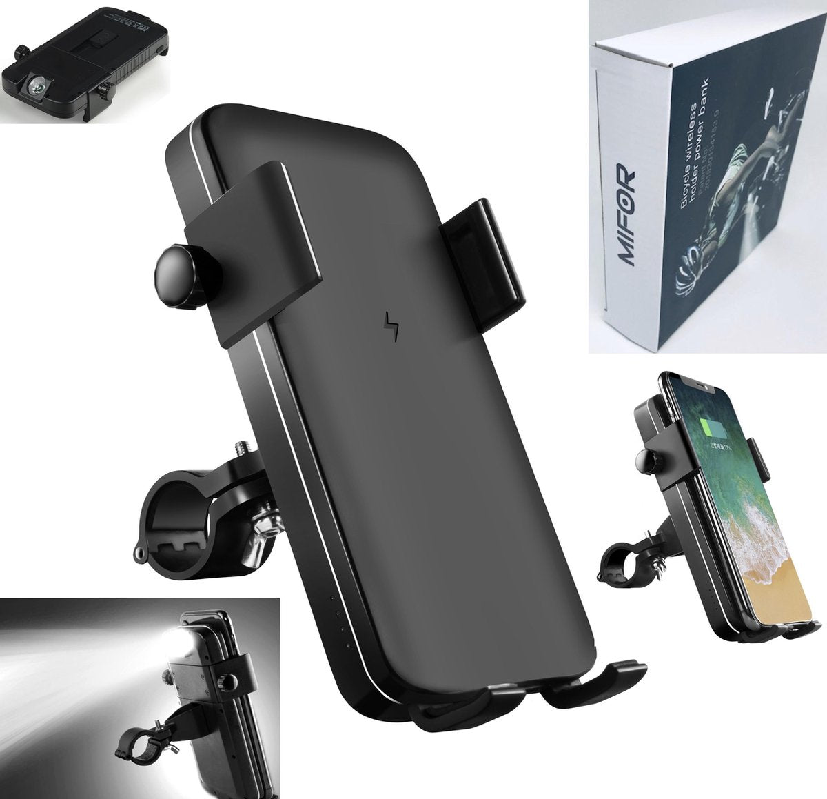 MIFOR® Luxe Telefoonhouder Fiets MET Wireless POWERBANK met Qi & USB  & LED LICHT- Smartphone - 4 in 1 - GSM - Houder Fiets