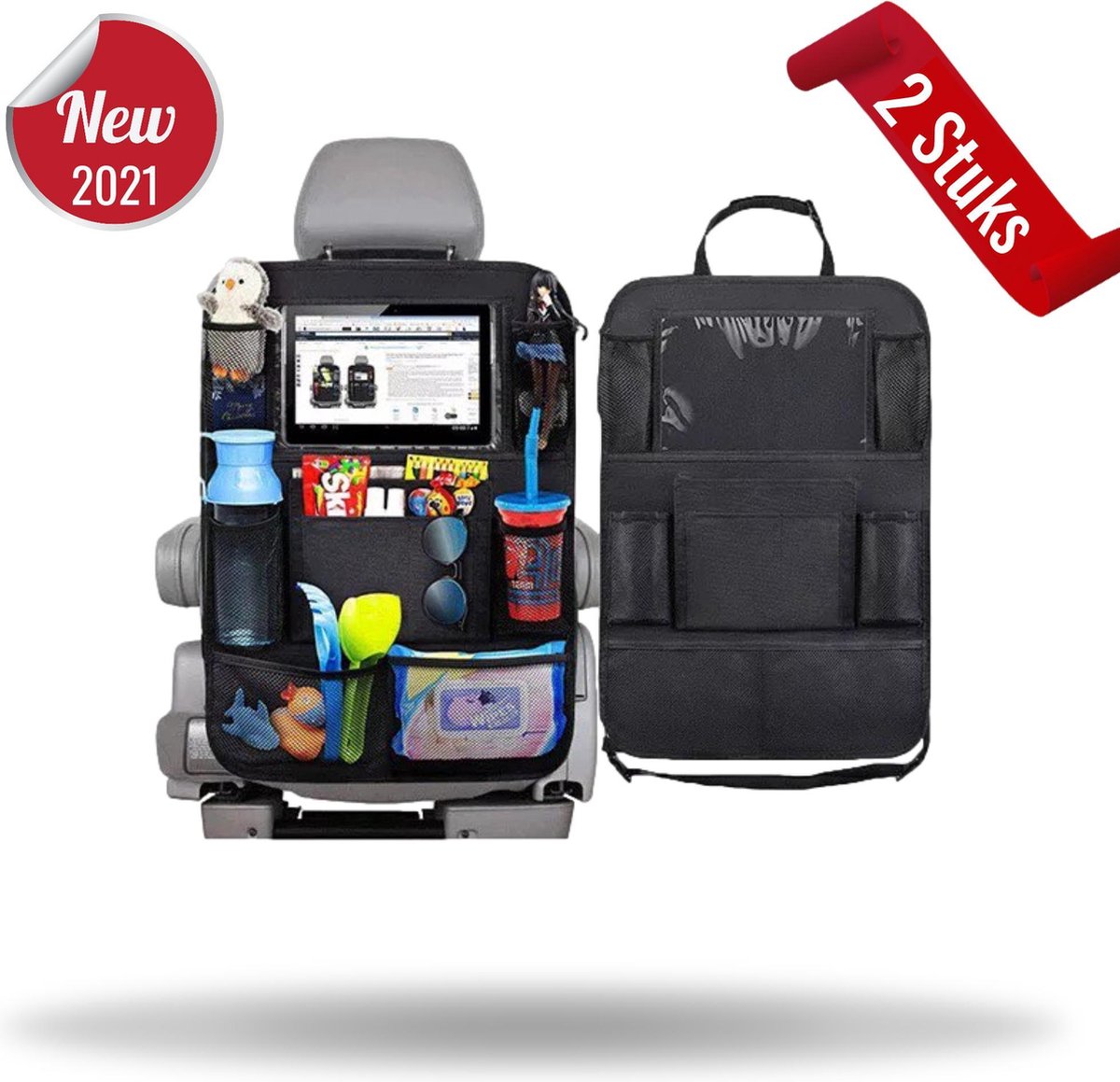 Odnalor Luxe Stevige - AutoStoel Organizer - Met Tablethouder - Achterbank Organizer - Speelgoed Opberger - Auto Accessoires -10 delig - set van 2 - zwart