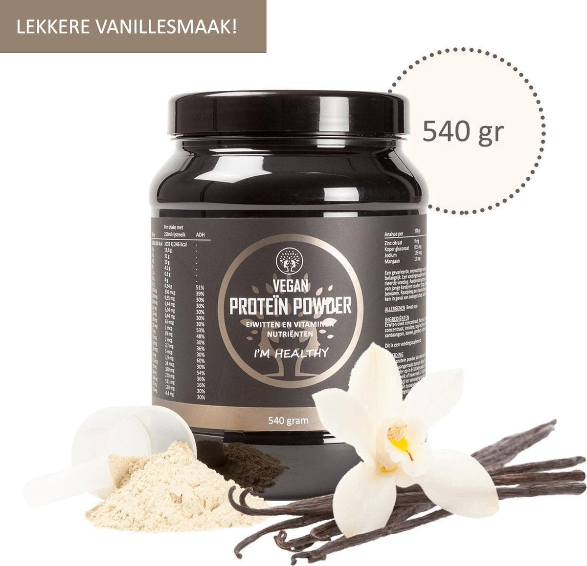 I’M HEALTHY Vegan Proteïn Powder - 540 gram - Veganistische eiwitten en vitaminen - Sporten -  Maaltijdvervangers shake - Plantaardige proteïne poeder