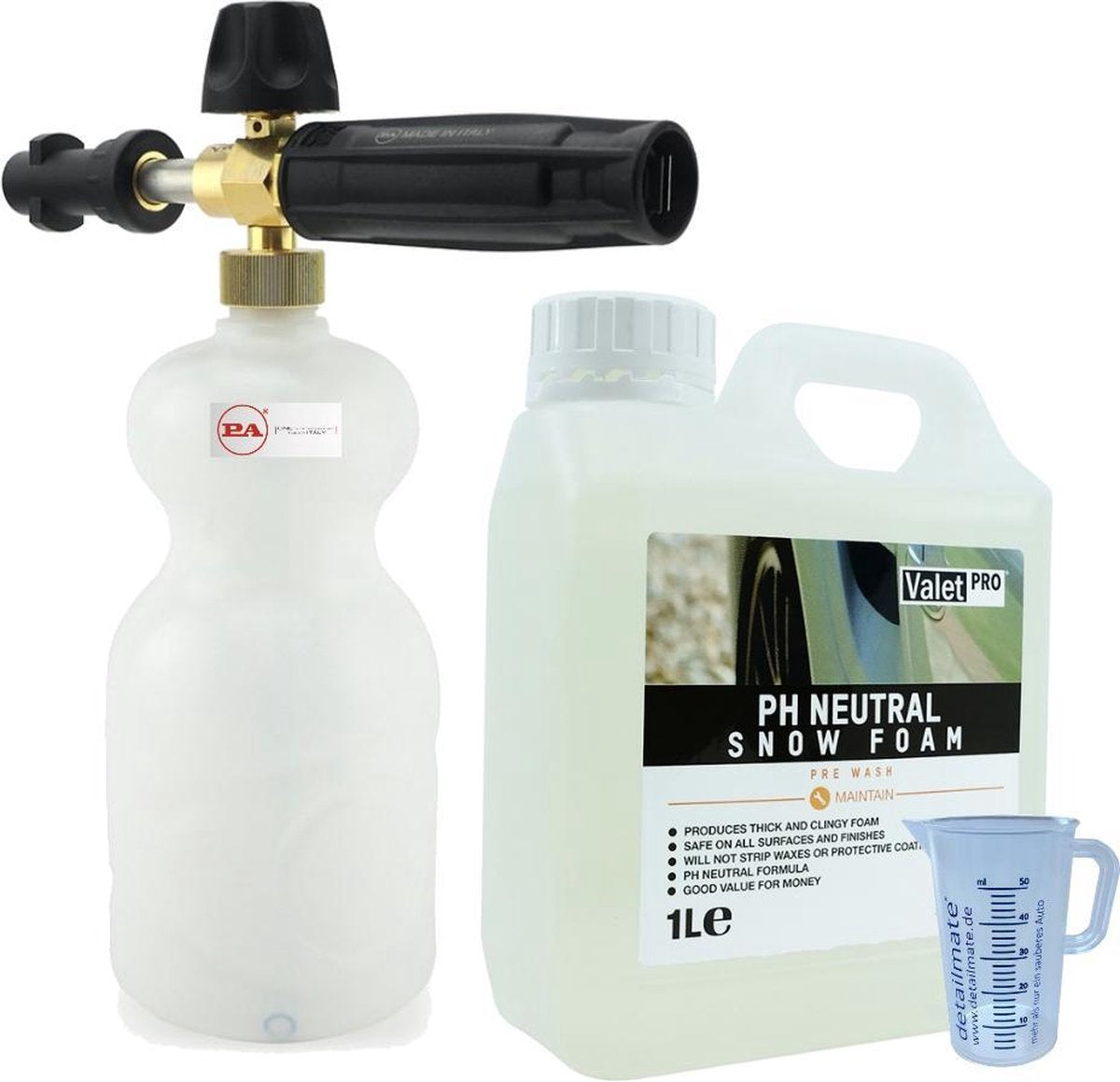 Foam-Lance Pa 1Ltr compleet met Messing Karcher K-Serie koppeling + 1Ltr SnowFoam + 50 Ml Maatbeker