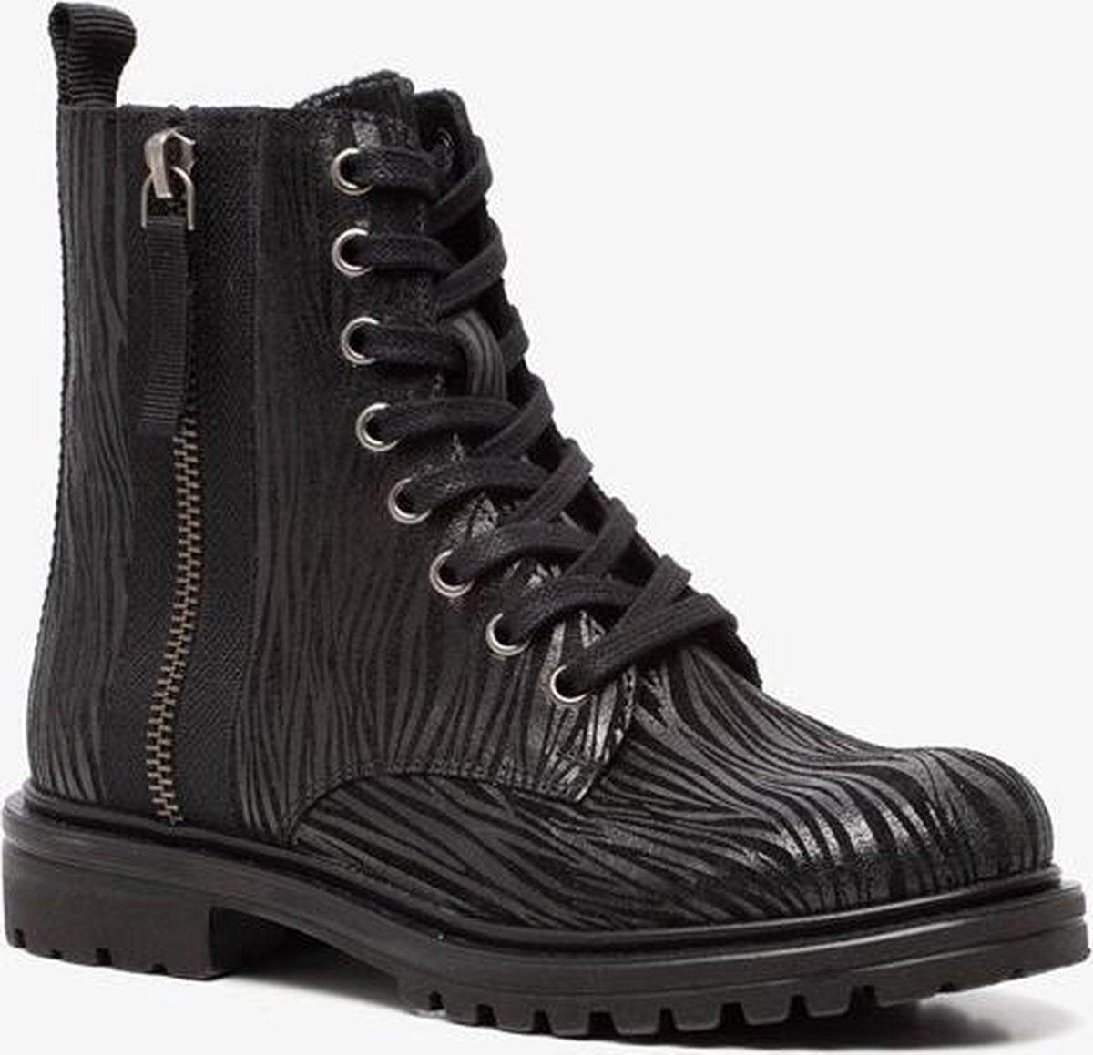 Groot leren meisjes veterboots met zebraprint - Zwart - Maat 35