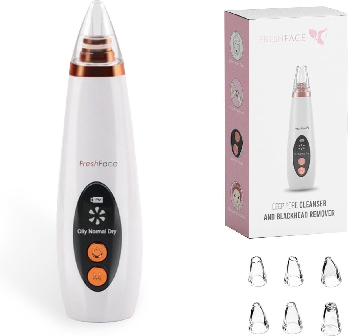 FRESHFACE Blackhead remover - Mee-eters verwijdering - Vacuüm cleaner - Poriën reiniger met usb oplaadkabel - 6 Opzetstukken - Bestseller - Gezichtsverzorging - Blackheadremover - Poriënreiniger