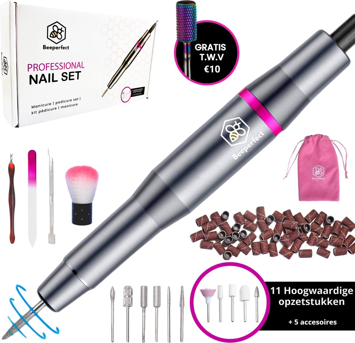 Beeperfect® Elektrische Nagelvijl – Manicure en Pedicure set - Nagelfrees - Eelt verwijderen - Incl. 11 bitjes en 66 Schuurrolletjes - 4 Extra accessoires
