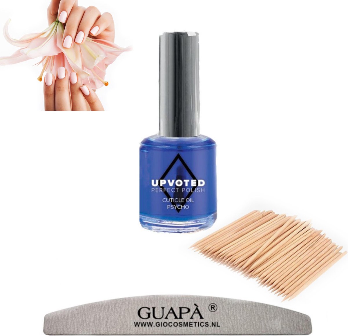 GUAPÀ® Nagelriemolie Pyscho 5 ml | Cuticle Oil + Nagelvijl 100/180 + Cuticle Pusher | Nagelriem Duwer